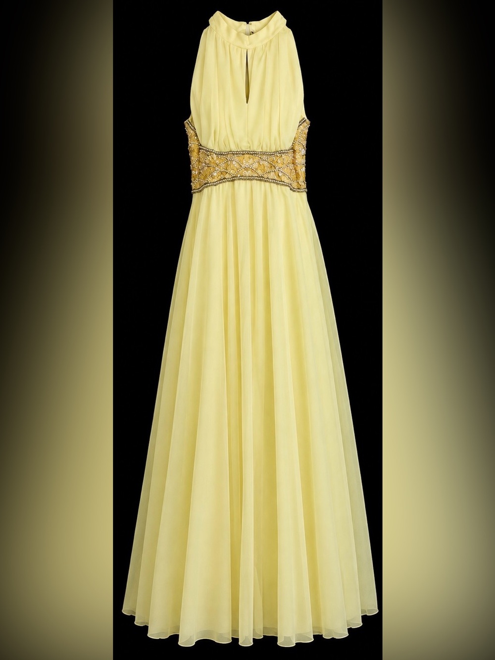 Vintage 1970s Yellow Embellished Chiffon Ball Gown, Excellent Condition, Size 10